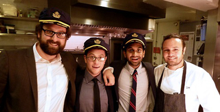 Food Club captains Eric Wareheim, Jason Woliner, and Aziz Ansari with Sona's David Myers.